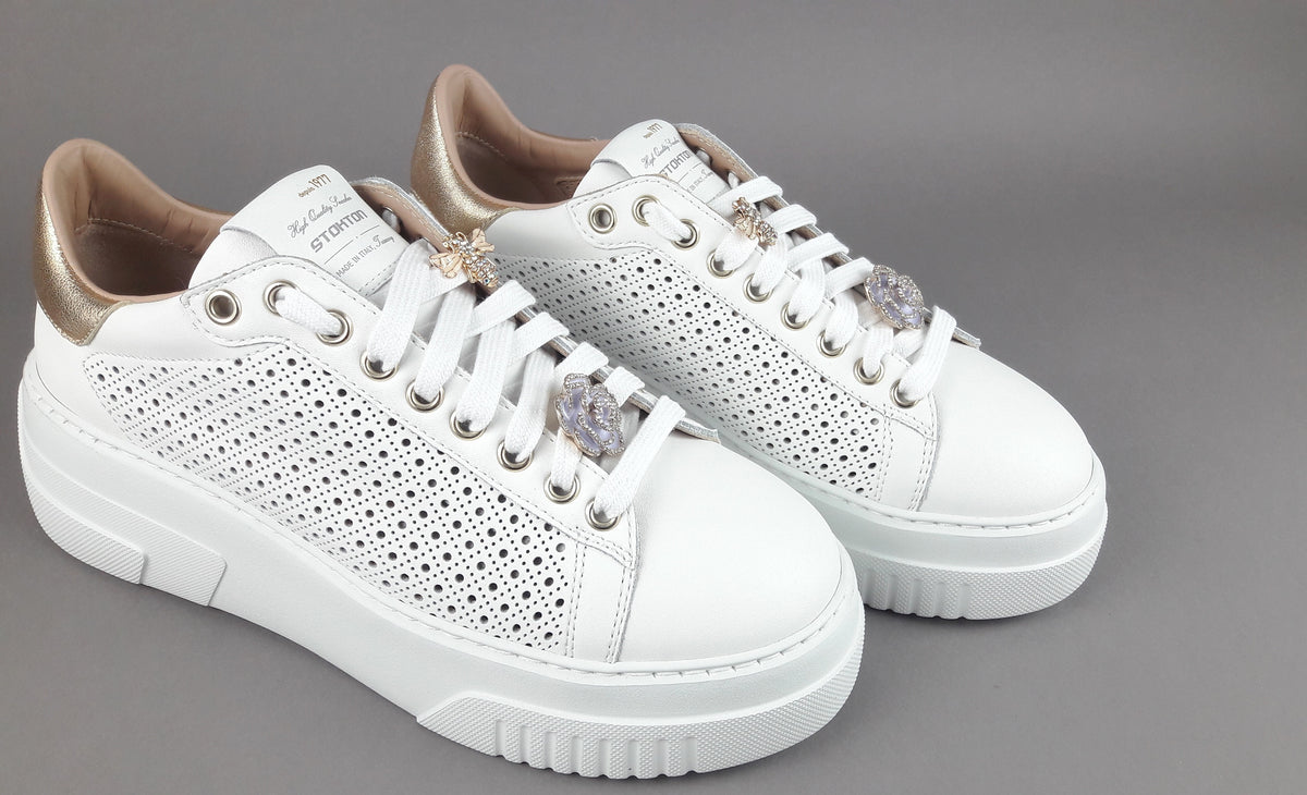 Stokton Sneakers Donna Pelle Bianco Forata