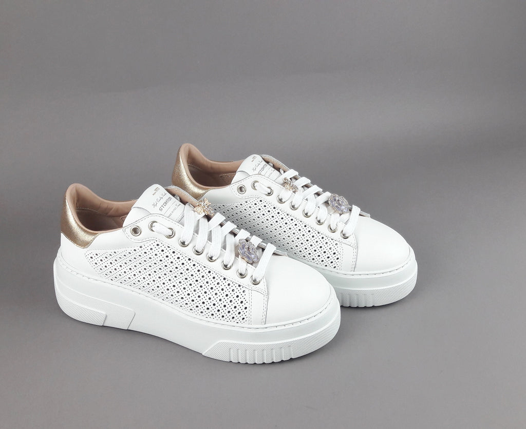 Stokton Sneakers Donna Pelle Bianco Forata