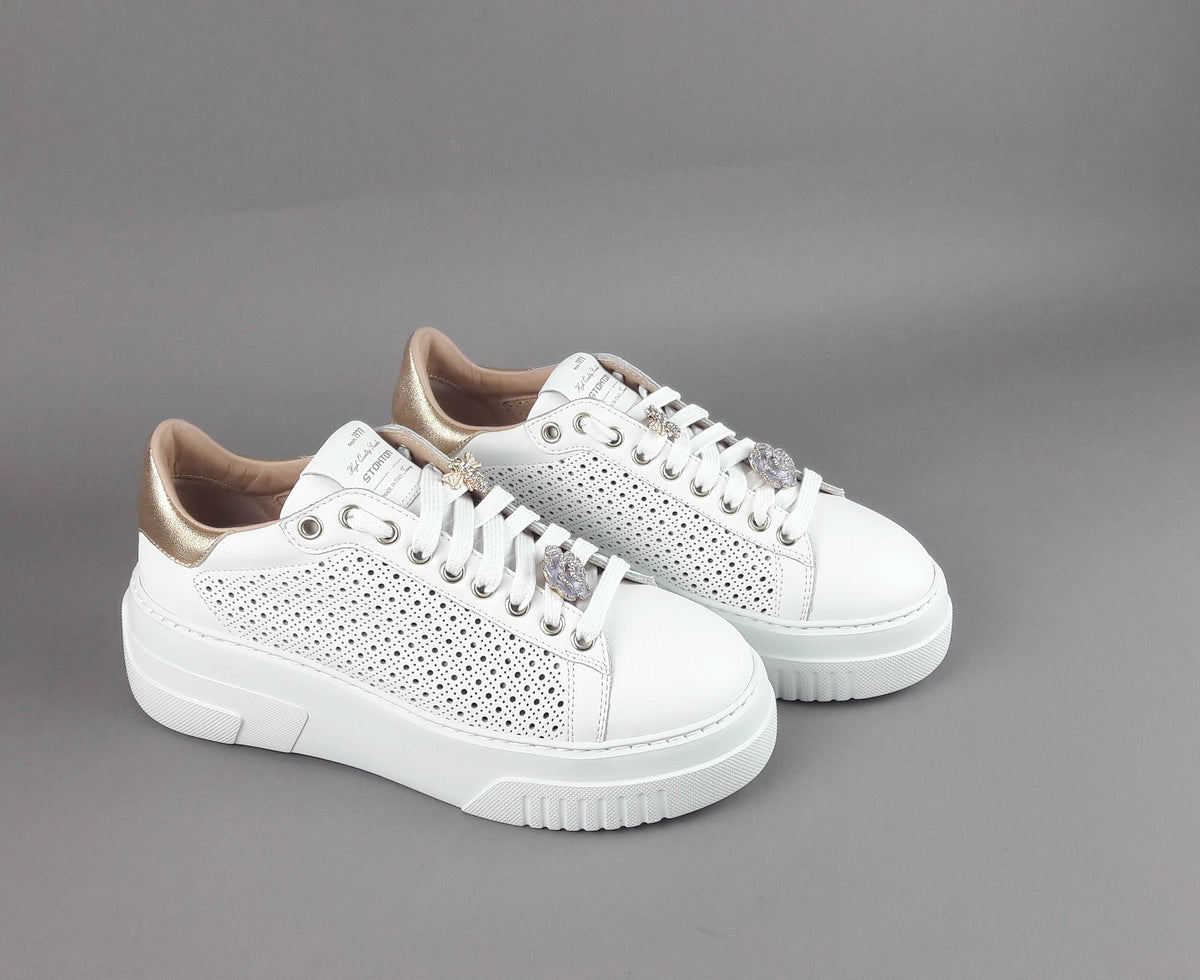Stokton Sneakers Donna Pelle Bianco Forata