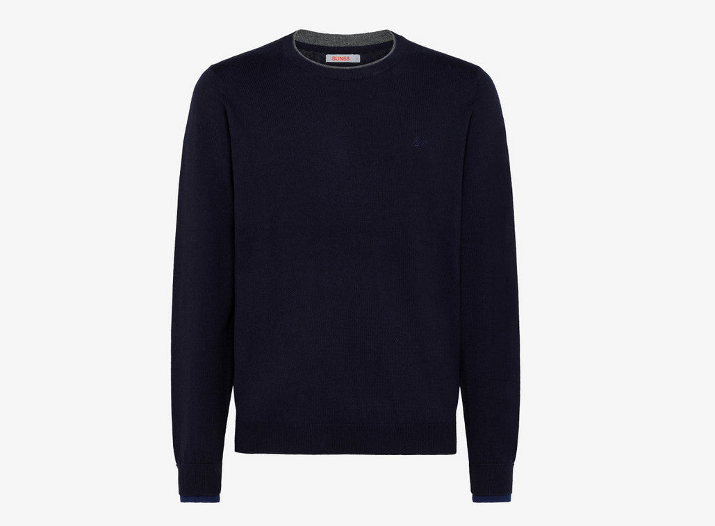 Sun 68 Maglia Uomo Girocollo Misto Lana Blu Scuro