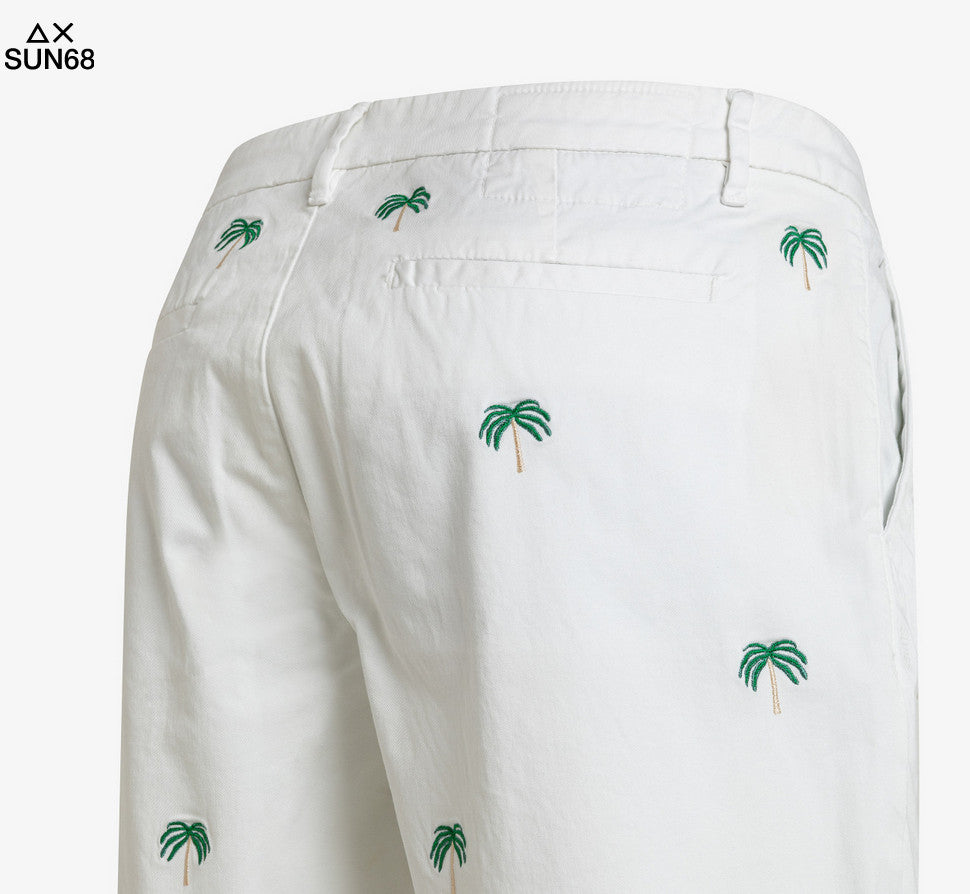 Sun 68 Bermuda Uomo Cotone Stretch Bianco Ricami Palma