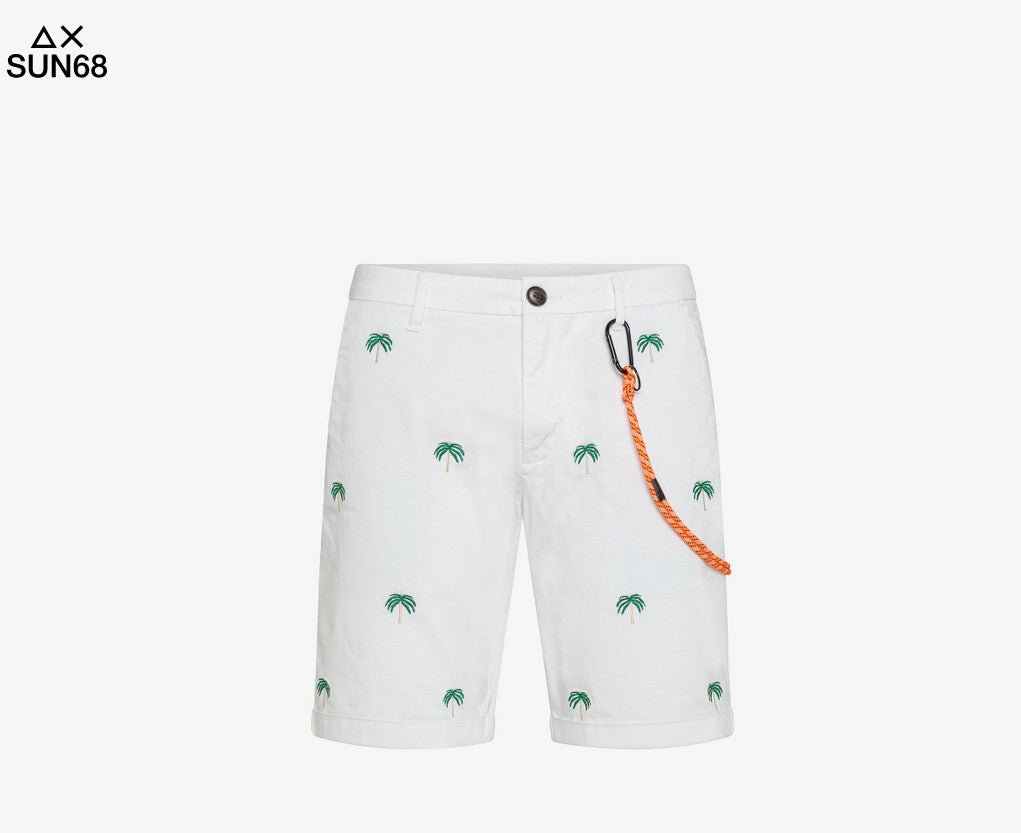 Sun 68 Bermuda Uomo Cotone Stretch Bianco Ricami Palma