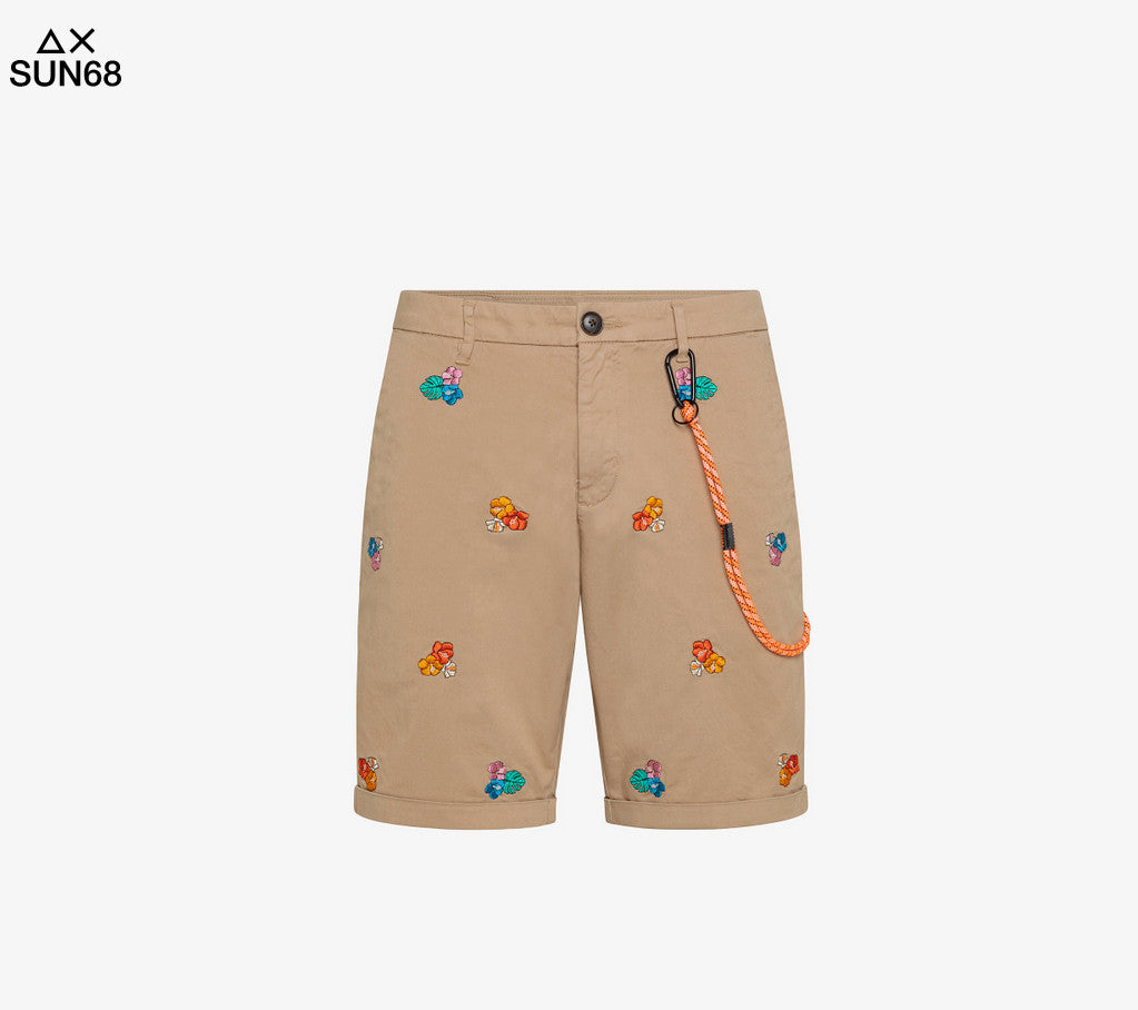 Sun 68 Bermuda Uomo Cotone Stretch Cammello Ricami Fiori