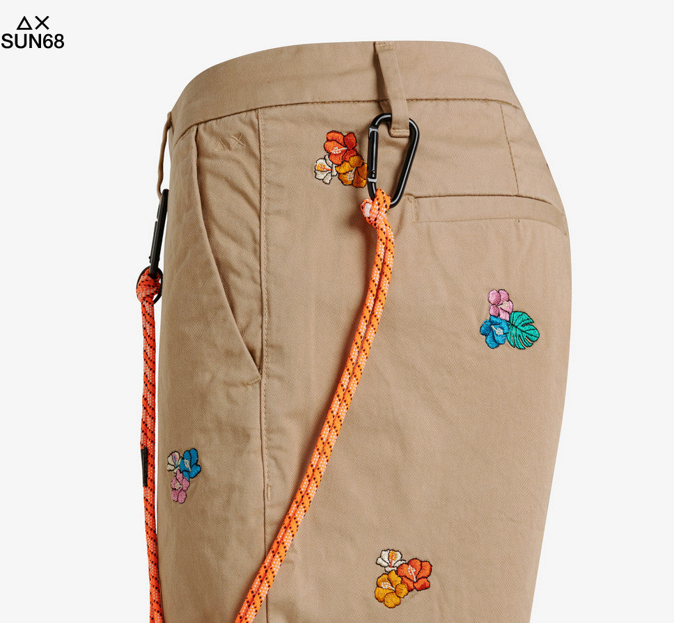 Sun 68 Bermuda Uomo Cotone Stretch Cammello Ricami Fiori