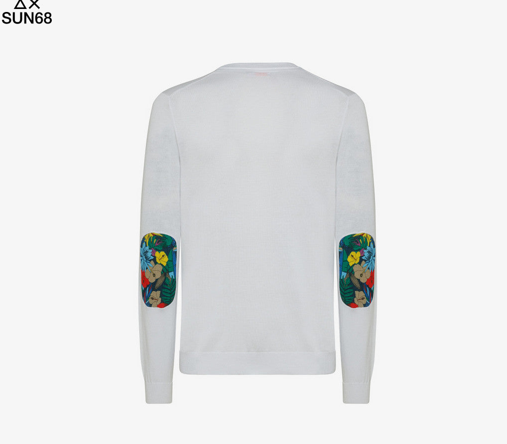 Sun 68 Maglia Uomo Girocollo Cotone Bianco Con Toppe
