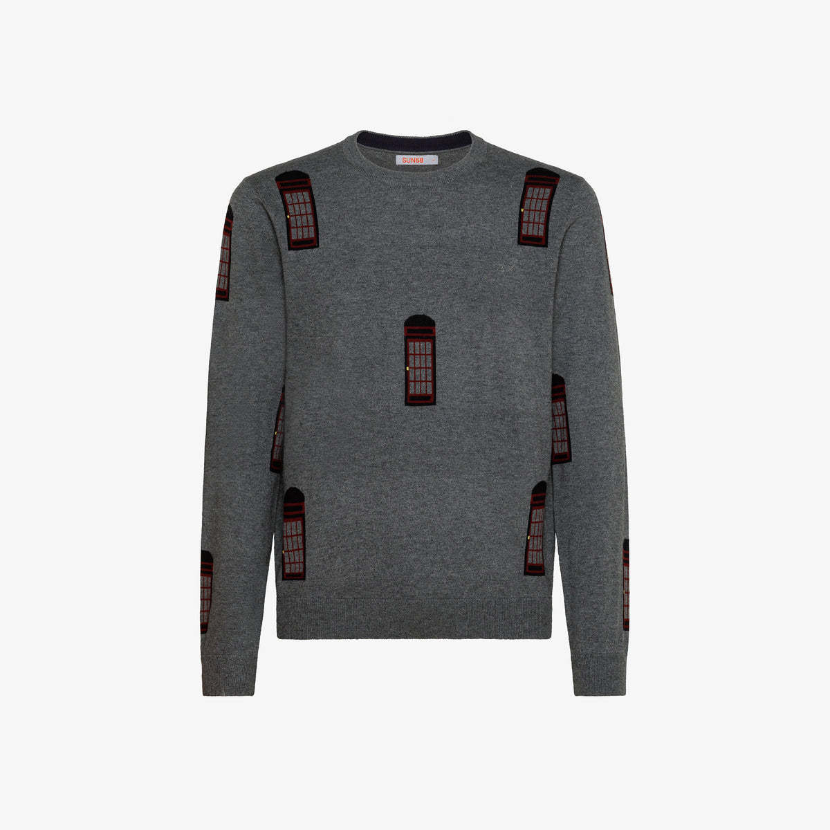 Sun 68 Maglia Uomo Girocollo Misto Lana Grigio Scuro Disegno Cabina