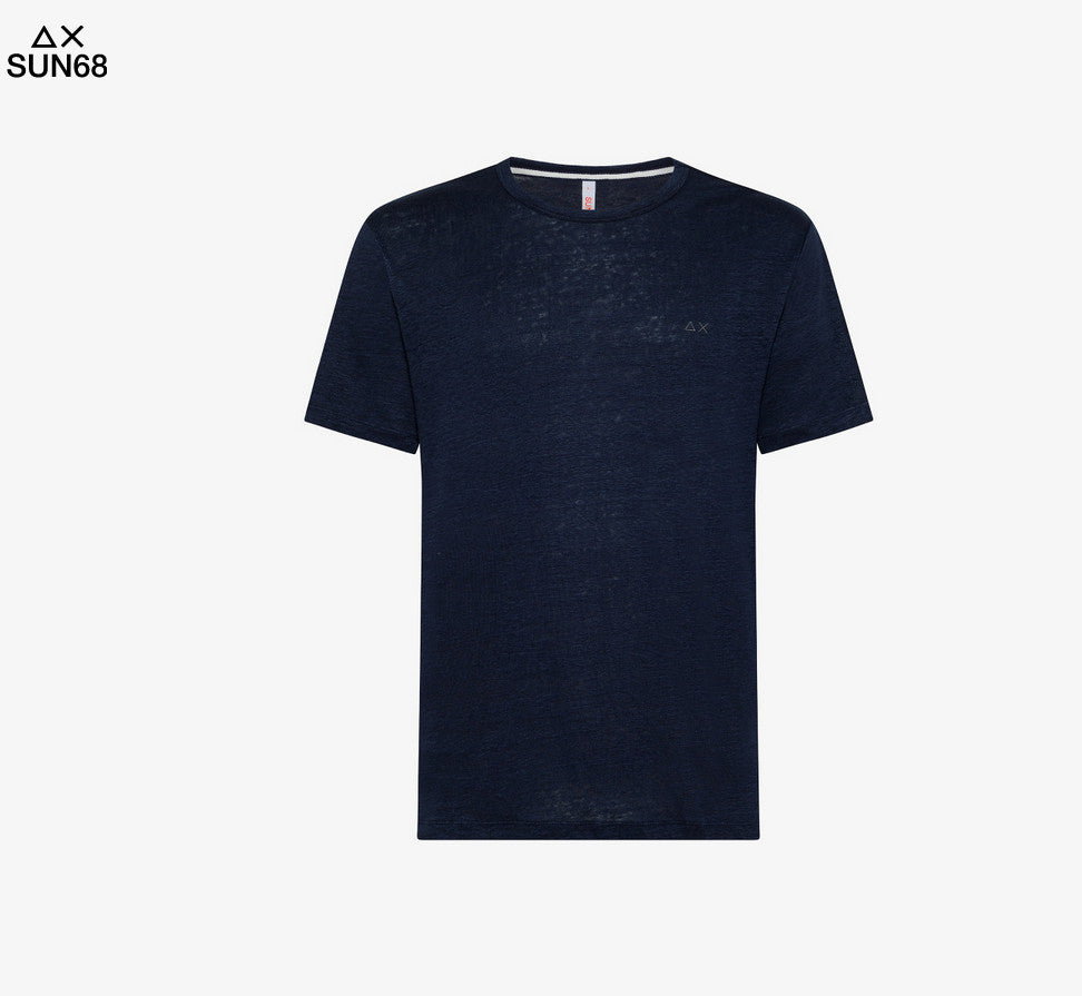 Sun 68 T-Shirt Uomo Girocollo Lino Blu Scuro