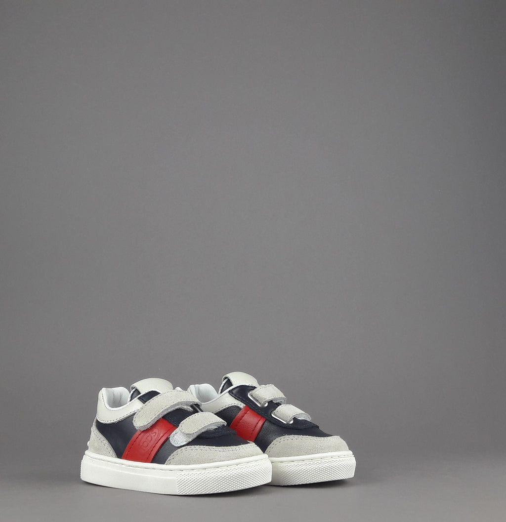 Tod's Sneakers Junior Baby 06J Camoscio Pelle Grigio Chiaro Blu Scuro Fascia Logata Rossa Velcro