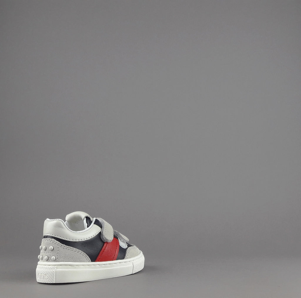 Tod's Sneakers Junior Baby 06J Camoscio Pelle Grigio Chiaro Blu Scuro Fascia Logata Rossa Velcro