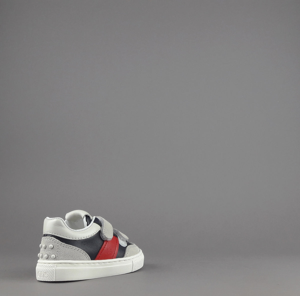 Tod's Sneakers Junior Baby 06J Camoscio Pelle Grigio Chiaro Blu Scuro Fascia Logata Rossa Velcro