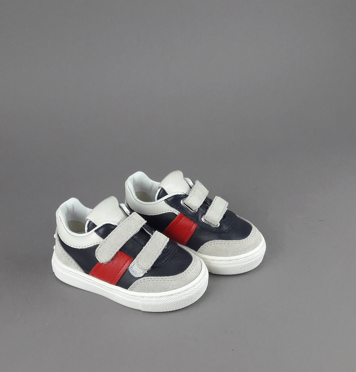 Tod's Sneakers Junior Baby 06J Camoscio Pelle Grigio Chiaro Blu Scuro Fascia Logata Rossa Velcro