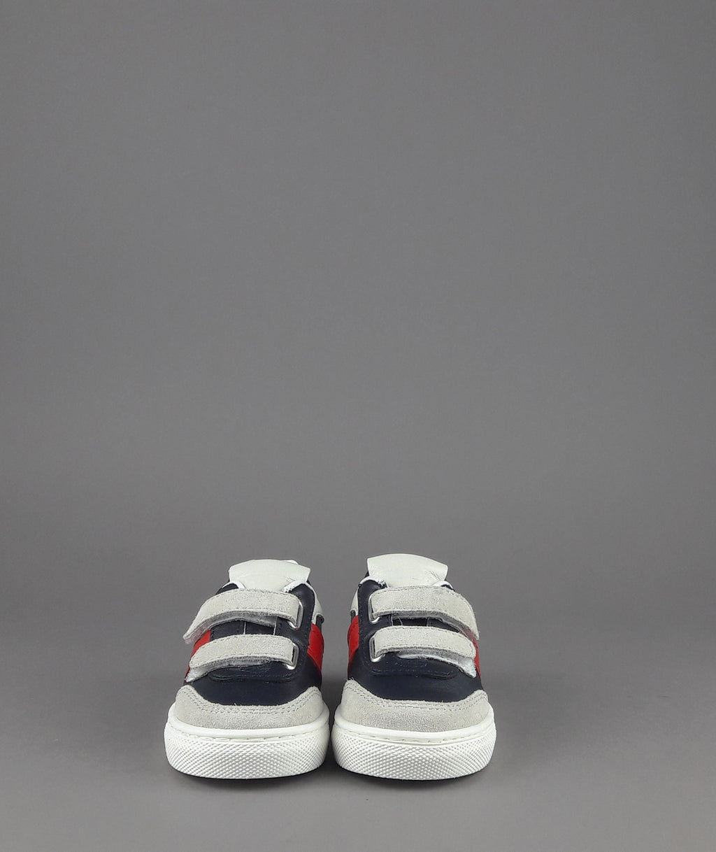 Tod's Sneakers Junior Baby 06J Camoscio Pelle Grigio Chiaro Blu Scuro Fascia Logata Rossa Velcro