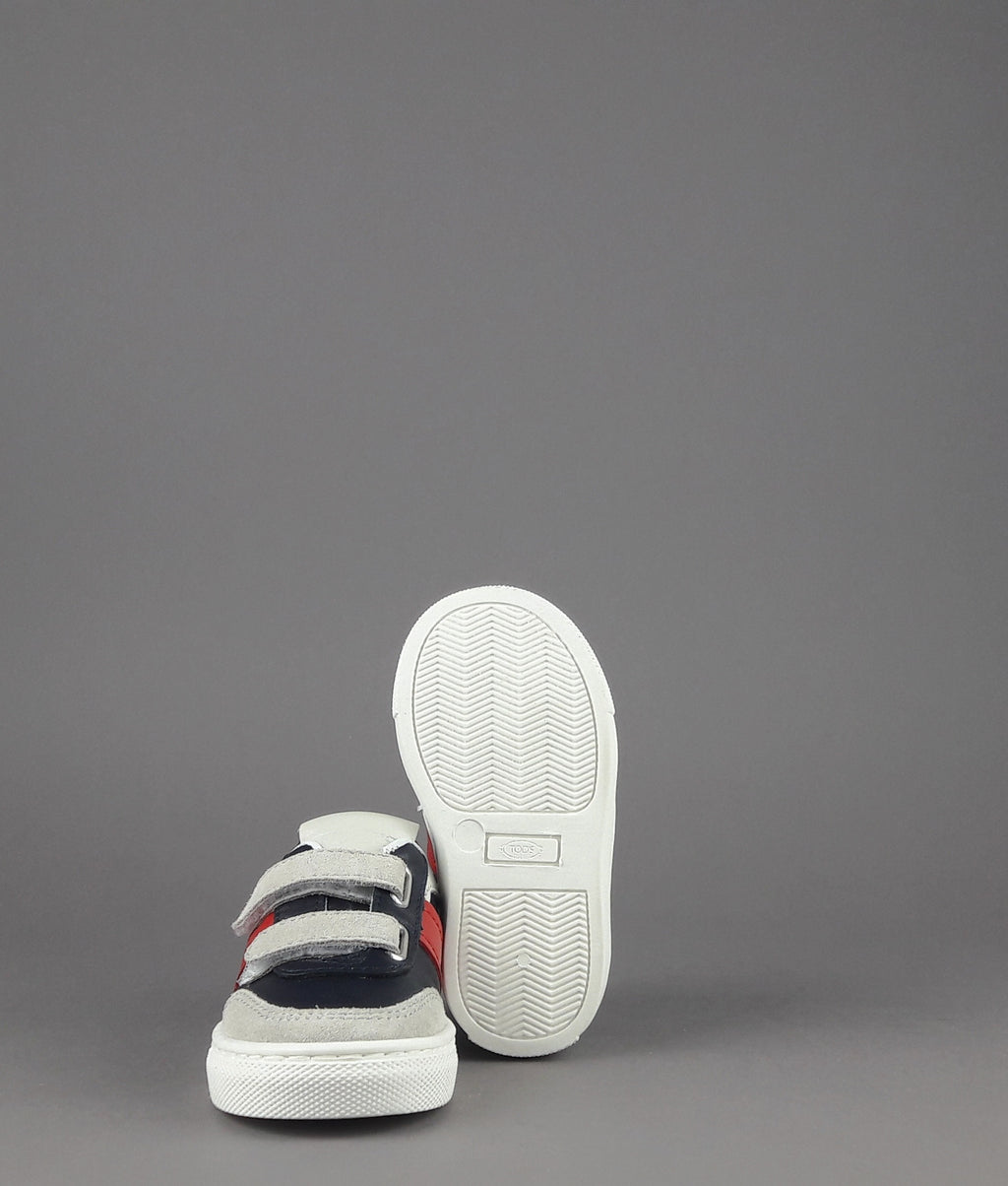 Tod's Sneakers Junior Baby 06J Camoscio Pelle Grigio Chiaro Blu Scuro Fascia Logata Rossa Velcro