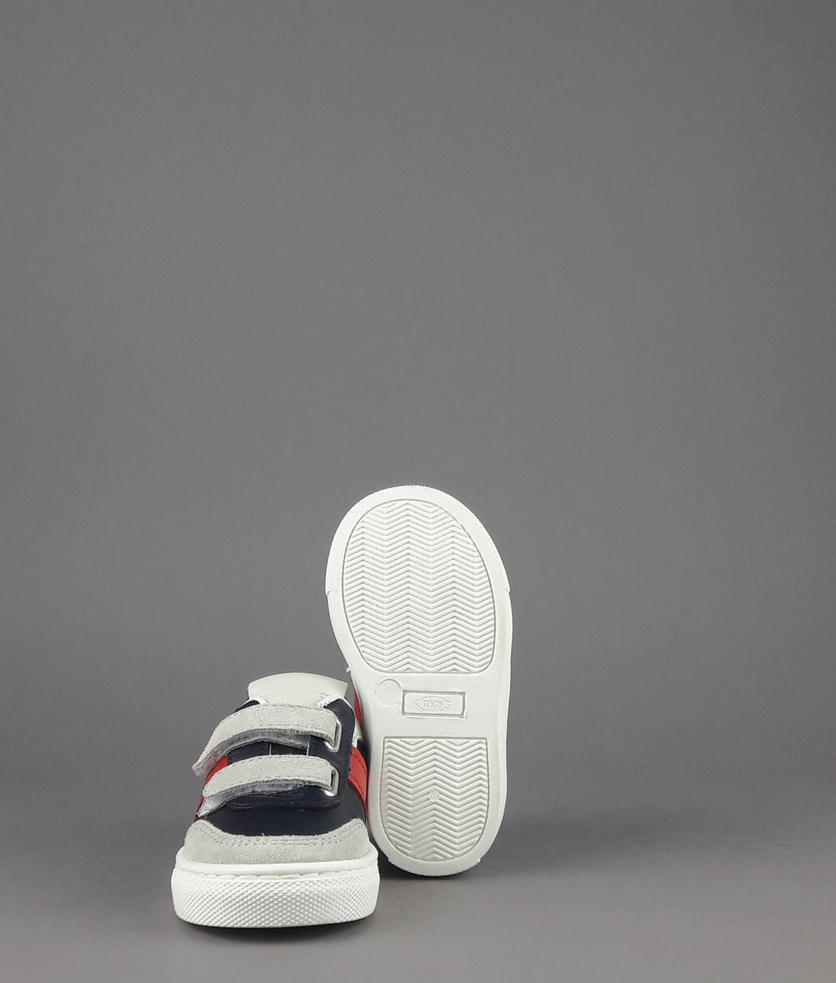 Tod's Sneakers Junior Baby 06J Camoscio Pelle Grigio Chiaro Blu Scuro Fascia Logata Rossa Velcro