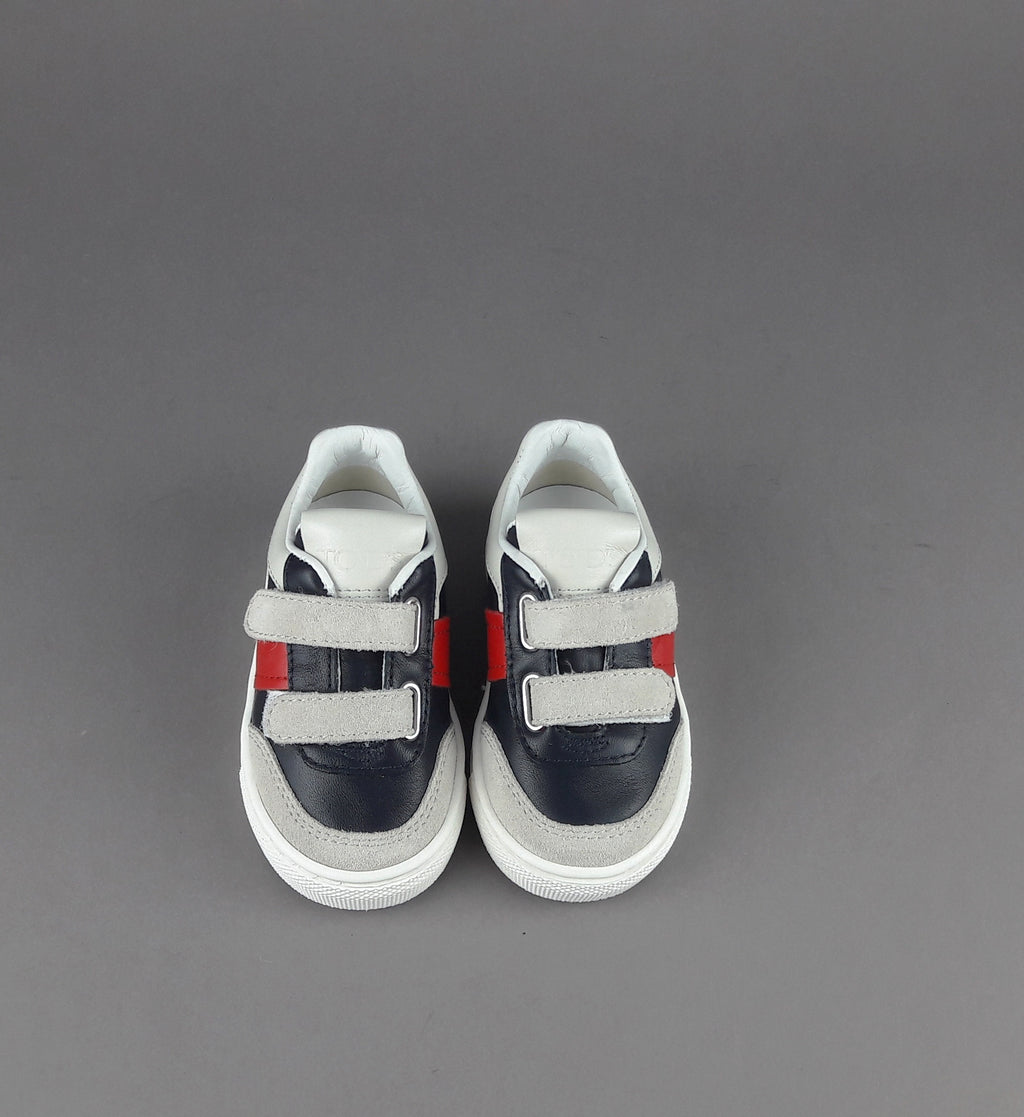 Tod's Sneakers Junior Baby 06J Camoscio Pelle Grigio Chiaro Blu Scuro Fascia Logata Rossa Velcro