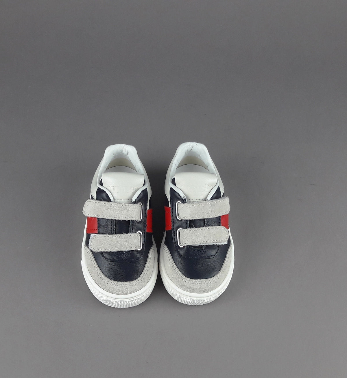 Tod's Sneakers Junior Baby 06J Camoscio Pelle Grigio Chiaro Blu Scuro Fascia Logata Rossa Velcro