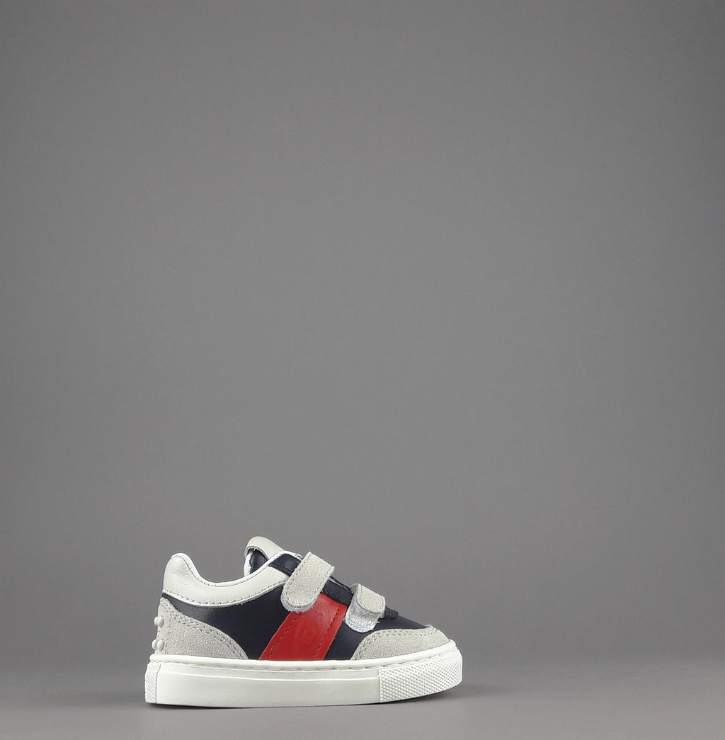 Tod's Sneakers Junior Baby 06J Camoscio Pelle Grigio Chiaro Blu Scuro Fascia Logata Rossa Velcro