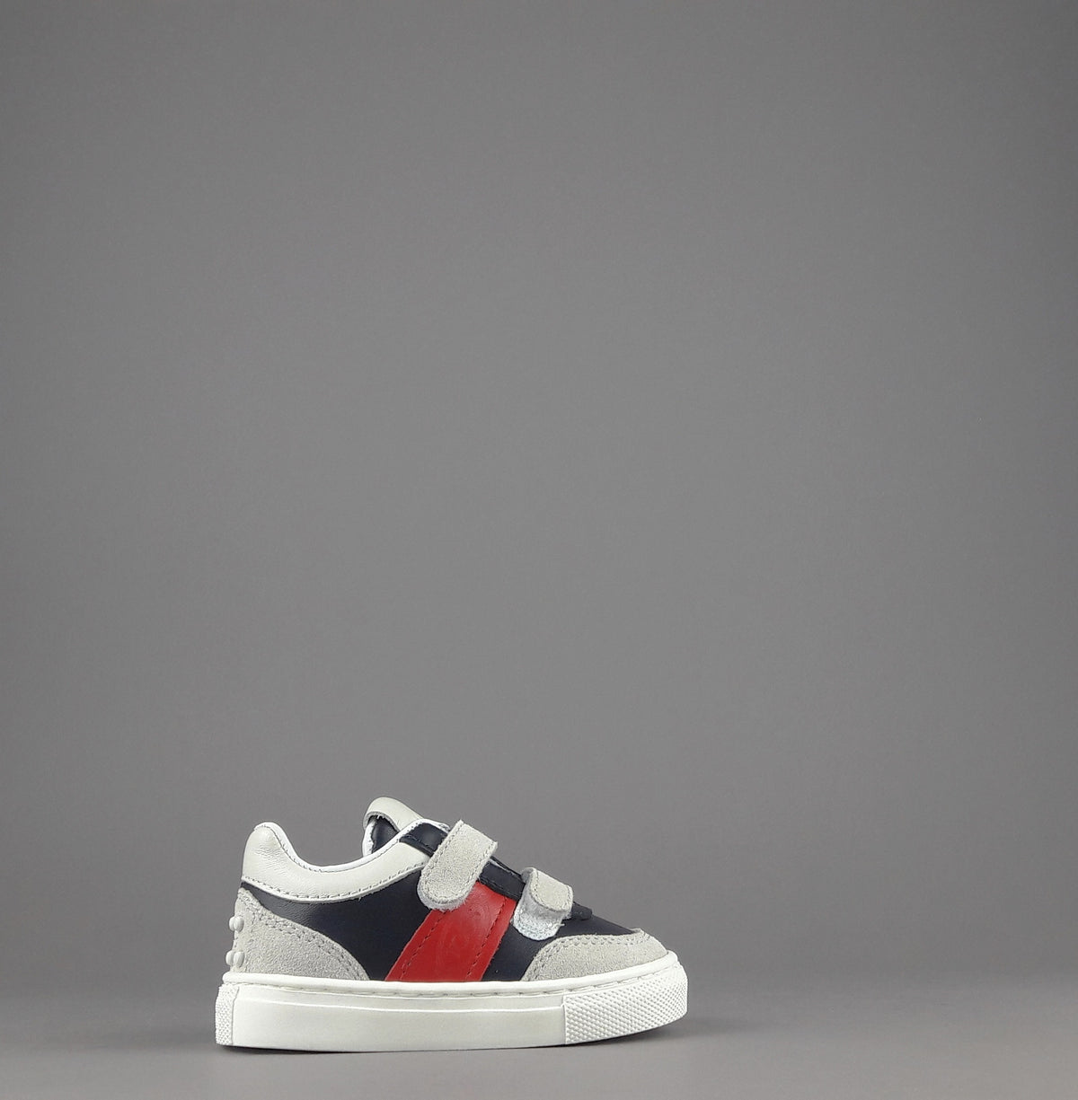 Tod's Sneakers Junior Baby 06J Camoscio Pelle Grigio Chiaro Blu Scuro Fascia Logata Rossa Velcro