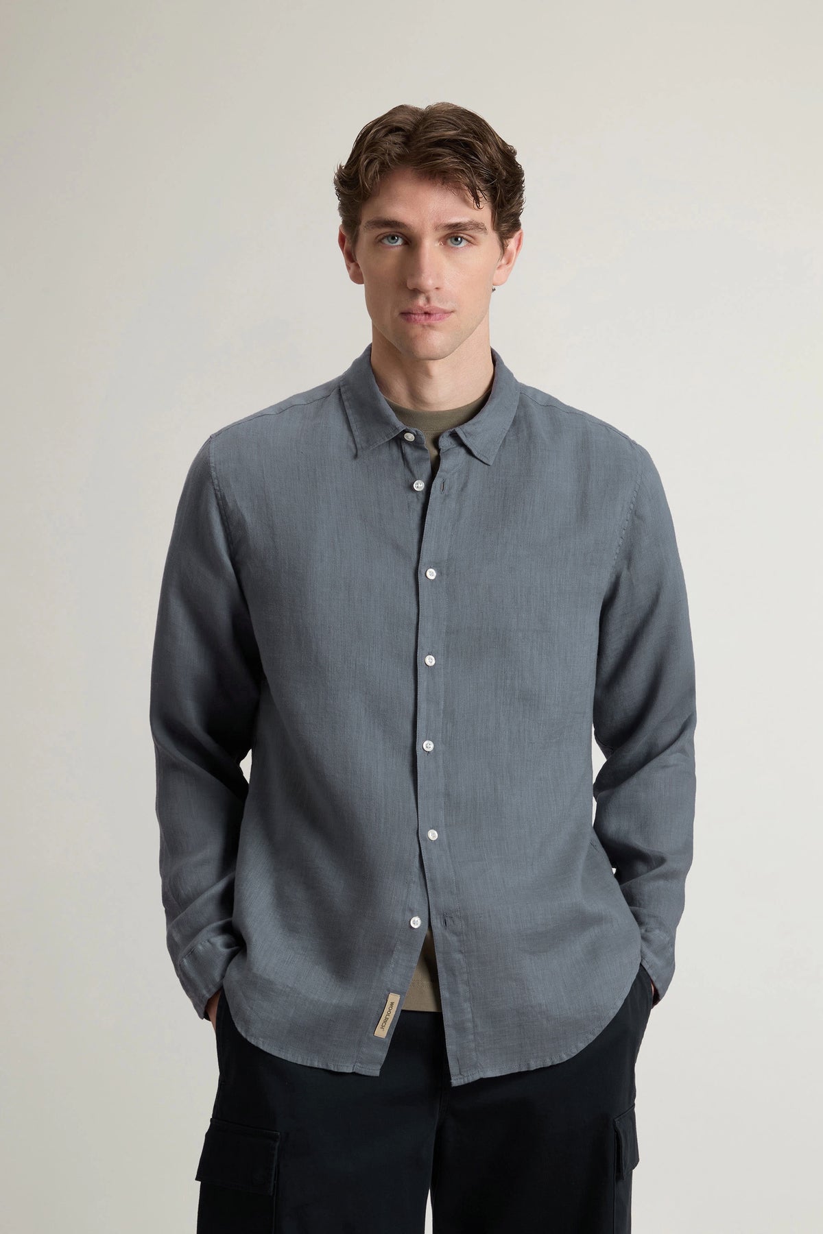 Woolrich Camicia Uomo Lino Blu Grigio