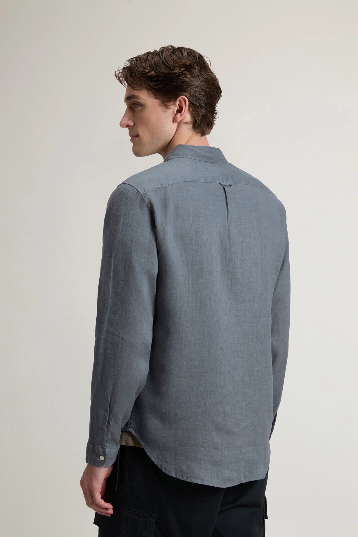 Woolrich Camicia Uomo Lino Blu Grigio