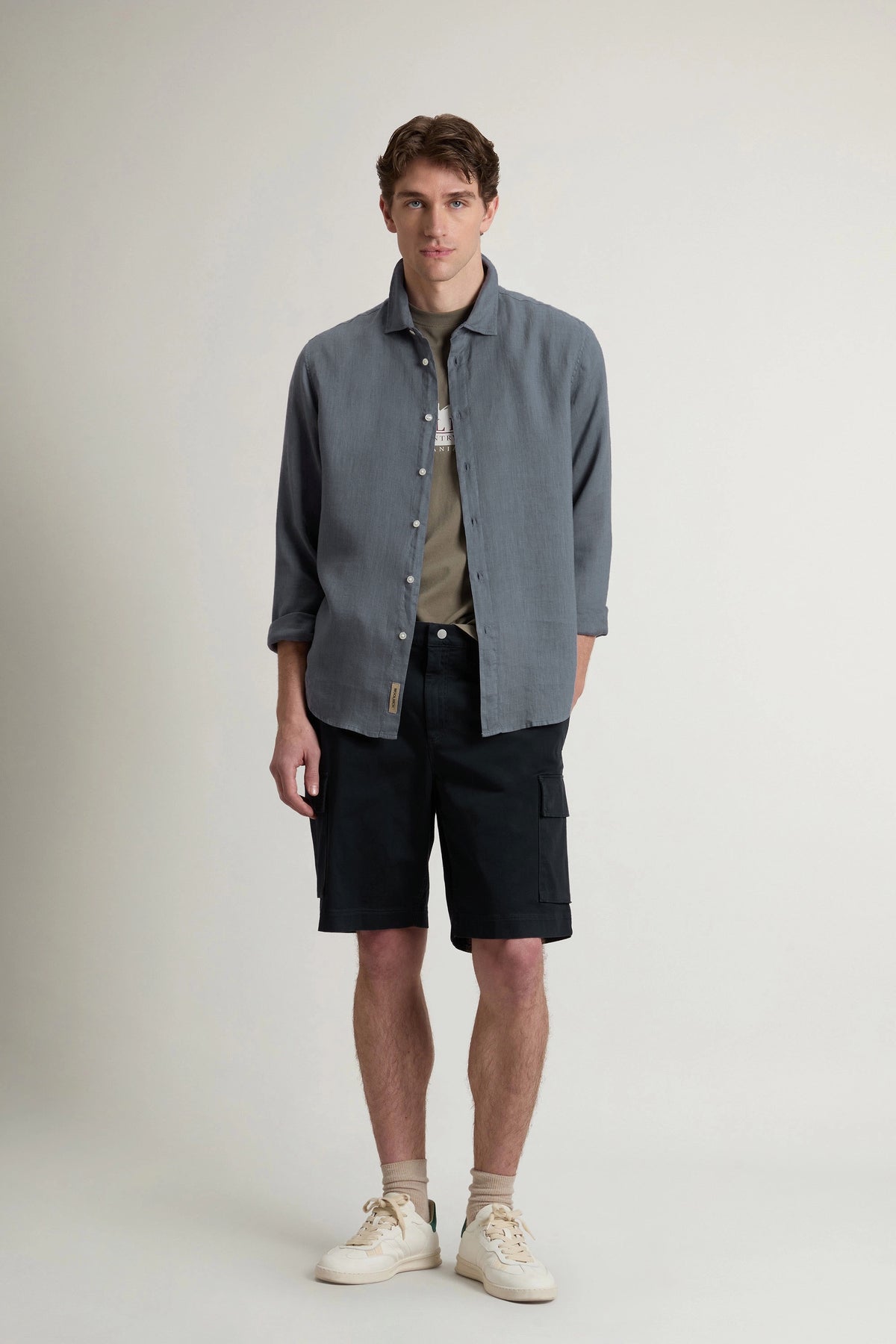 Woolrich Camicia Uomo Lino Blu Grigio