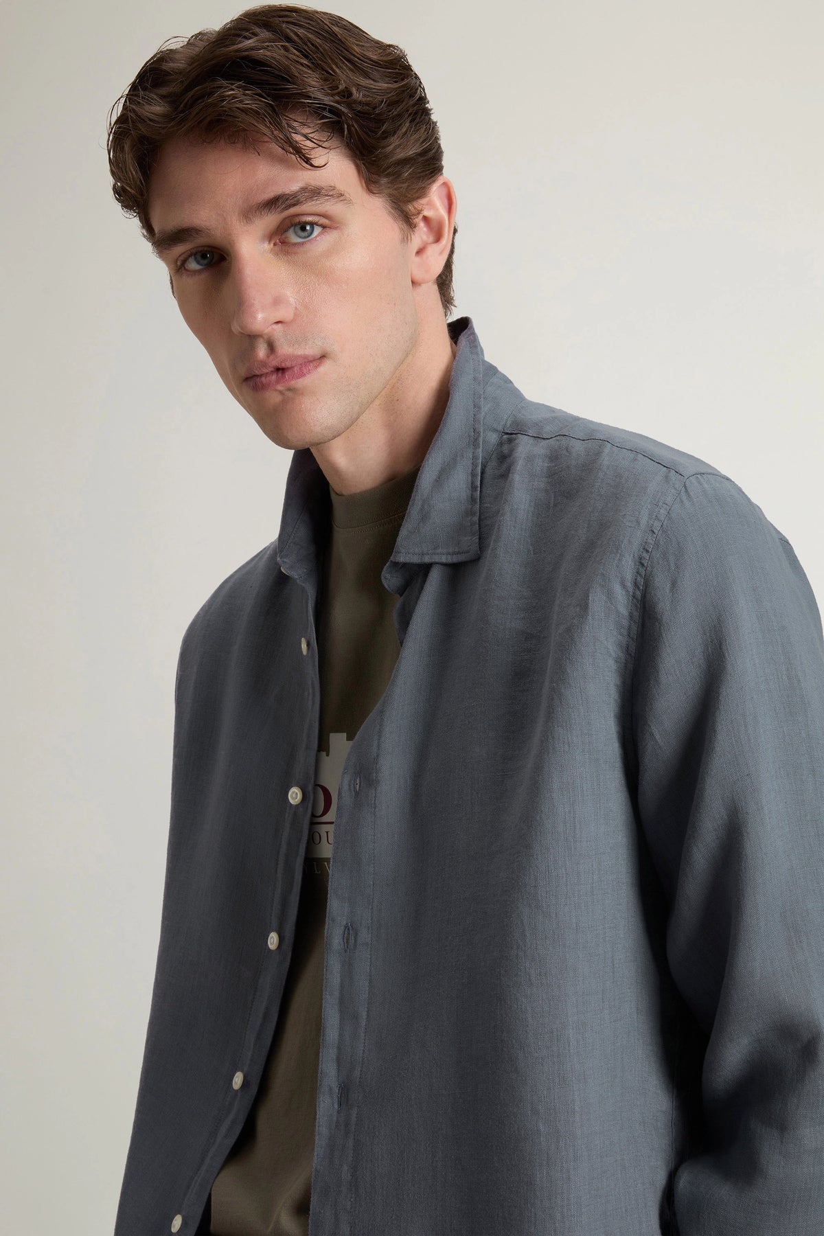 Woolrich Camicia Uomo Lino Blu Grigio