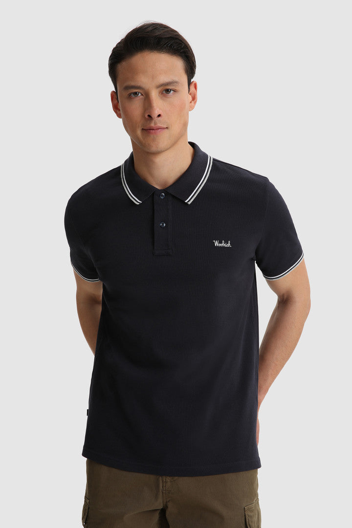 Woolrich Polo Uomo Piqué Di Cotone Stretch Blu Scuro