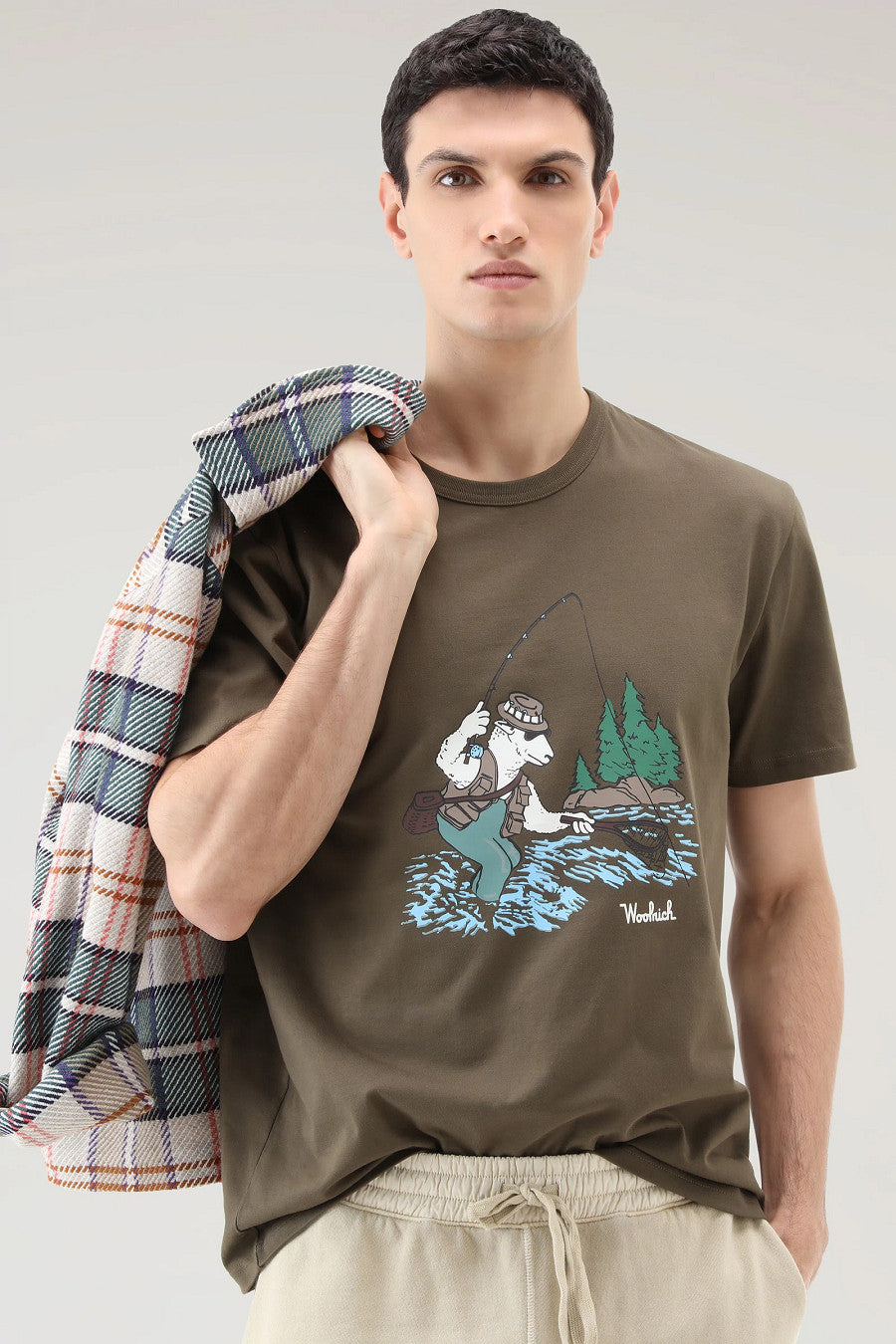 Woolrich T-Shirt Uomo Cotone Verde Militare Stampa Al Petto
