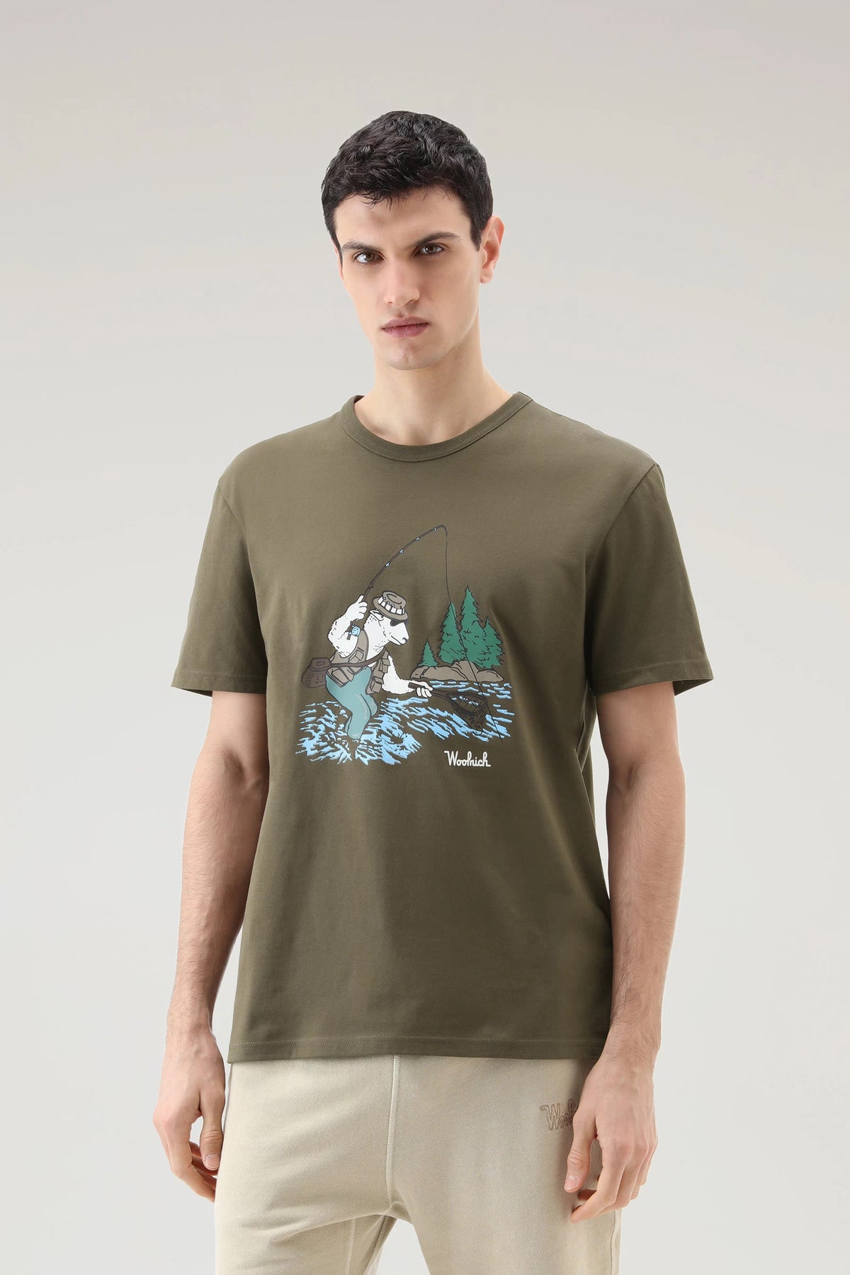 Woolrich T-Shirt Uomo Cotone Verde Militare Stampa Al Petto