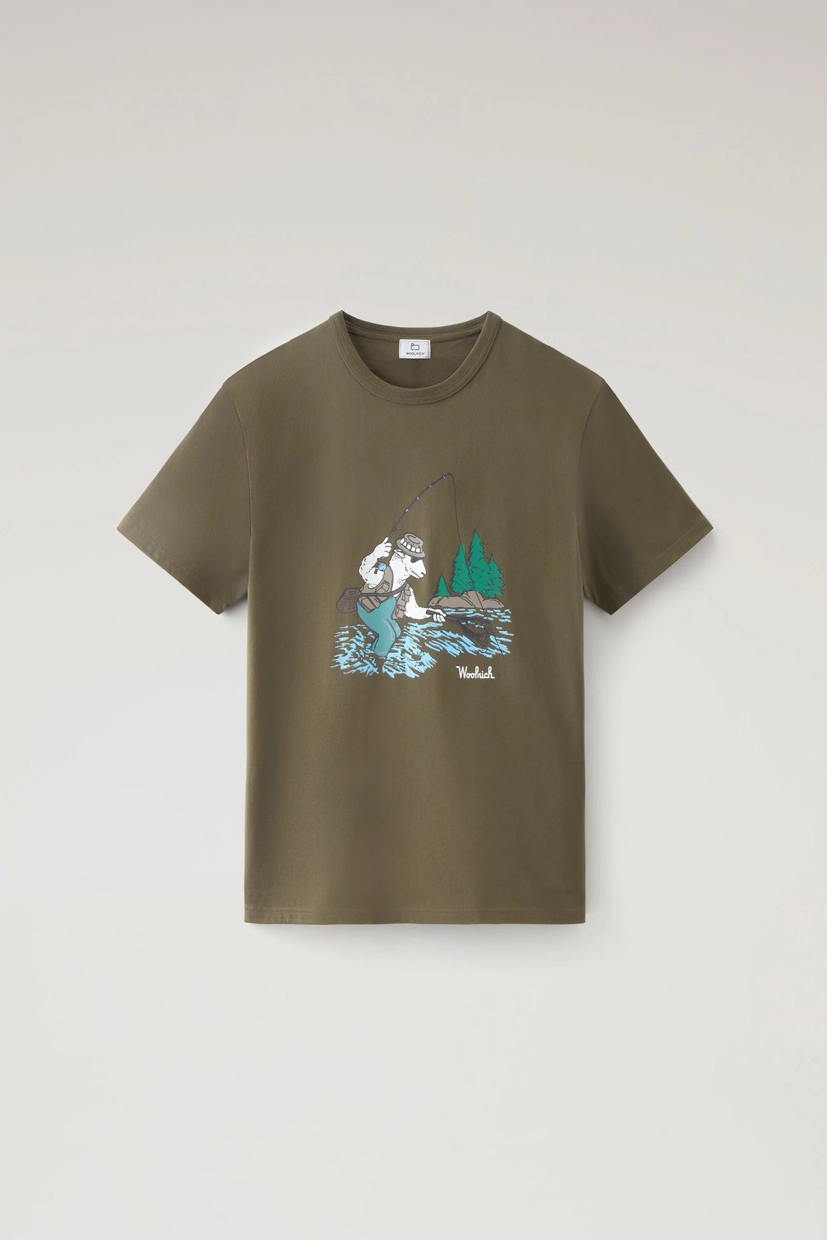 Woolrich T-Shirt Uomo Cotone Verde Militare Stampa Al Petto