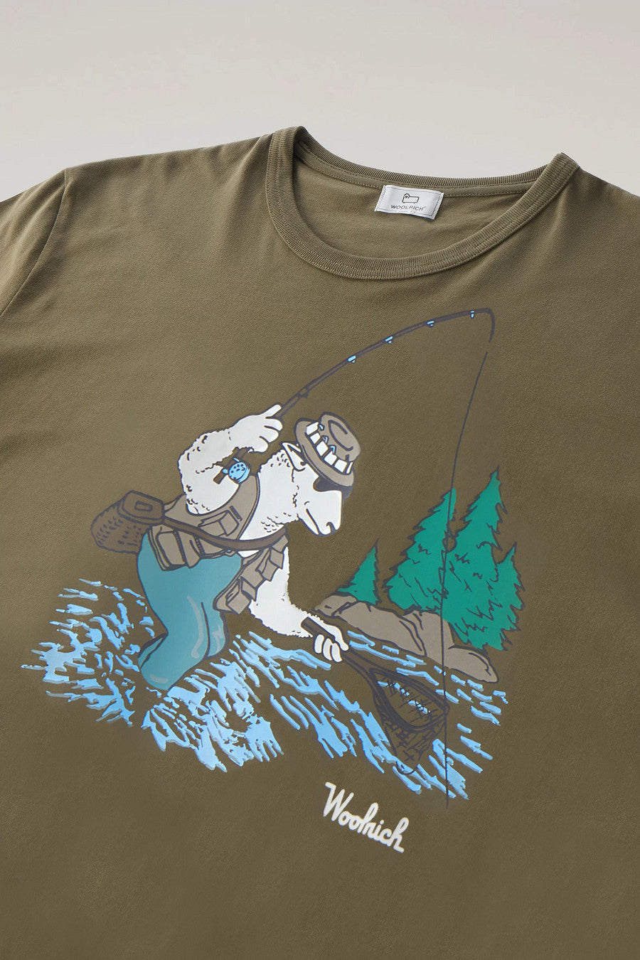 Woolrich T-Shirt Uomo Cotone Verde Militare Stampa Al Petto